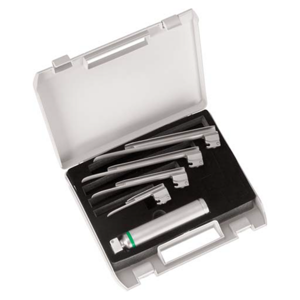 Set McIntosh Fiber optic laryngoscope with integrated light guide in plastic box with blades 1,2,3 and medium handle