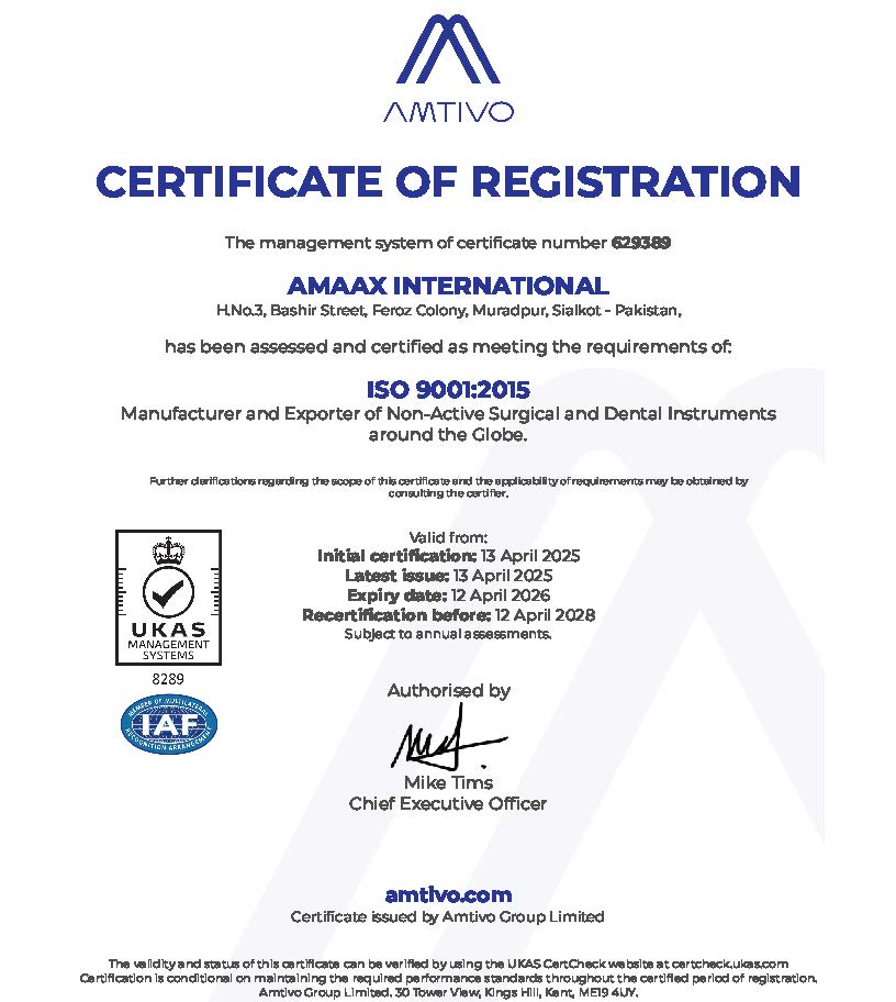 AMAAX INTERNATIONAL ISO 9001 Certificate Doc 2025 - Amaax International - Surgical Instruments Manufacturing Company in Pakistan