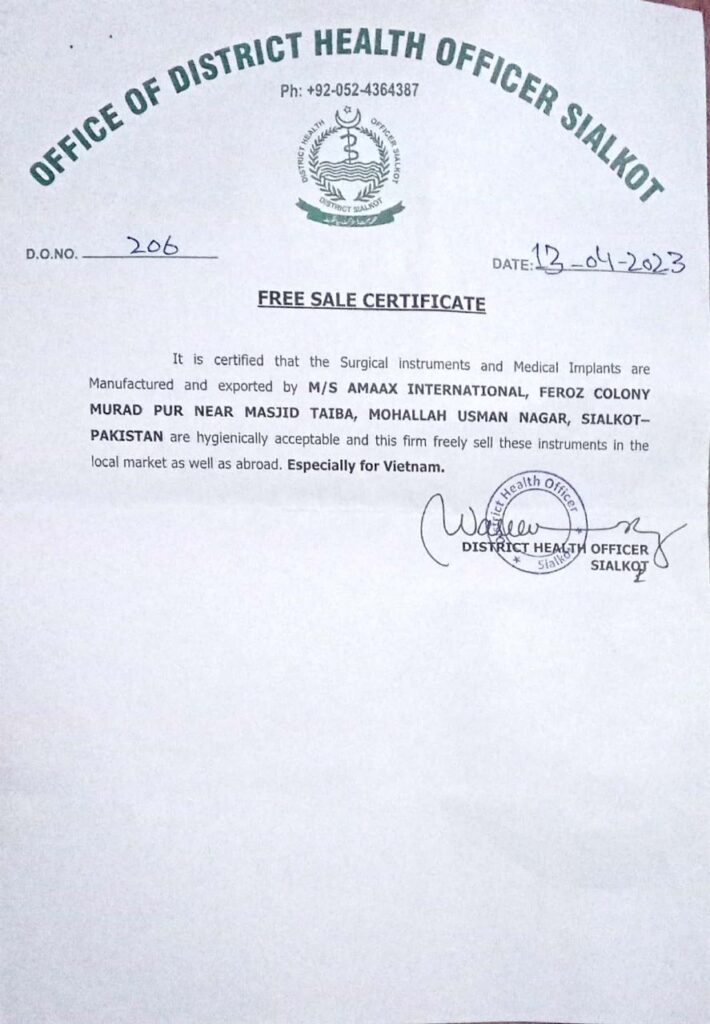 Amaax Internatinal free sale certification - Amaax International - Surgical Instruments Manufacturing Company in Pakistan